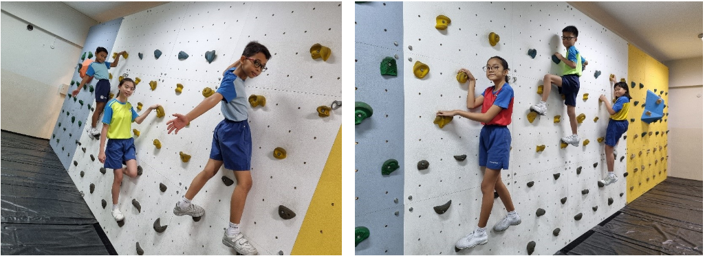 Four children in school uniforms climb an indoor rock wall with colorful holds in two side-by-side photos.